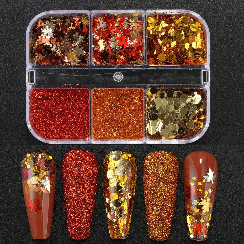 Nail Art Sequins 6-Gate Box Autumn Thanksgiving Maillard Color Symphony Maple Leaf Sequins Glitter