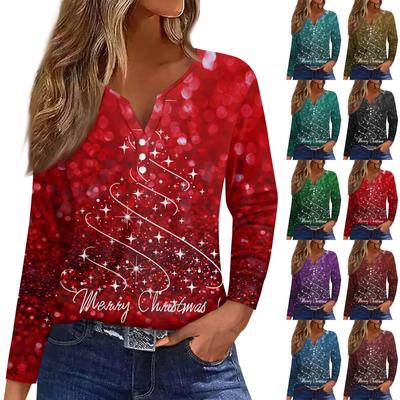 Women's T Shirt Tee Button Christmas Print Long Sleeve Daily Weekend Fashion Basic V Neck Regular Top