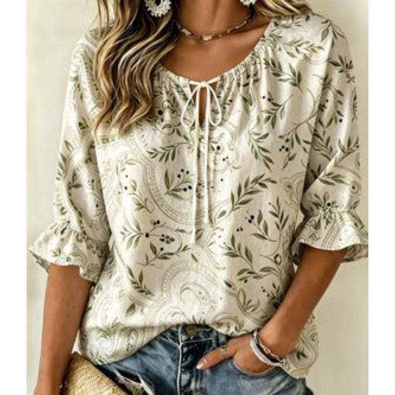 Women's Sweet Bow Print Tie Neck Blouse Ruffle 3/4 Sleeve Loose Fit Cute Daily Dating Holiday Shirt