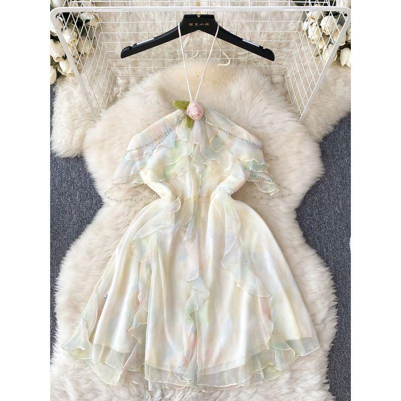 Retro Atmosphere Mesh Fairy Dress Halter Spaghetti Straps