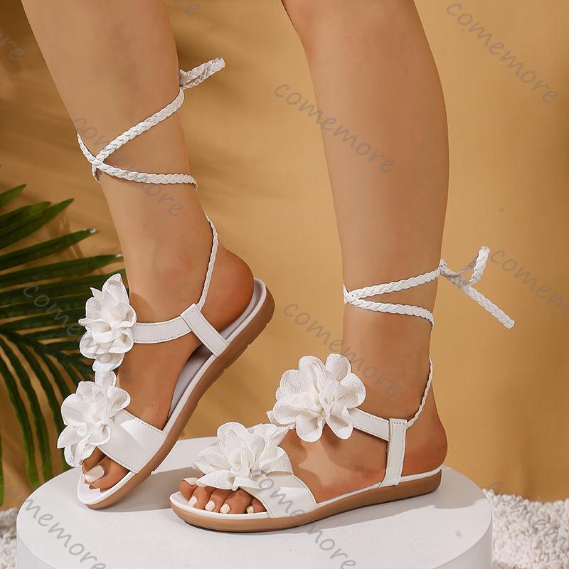 Comemore Summer New Flat Bottom Cross Strap Sandals for Women Large Size Bohemian Style Flowers Casual Beach Sandales Femmes