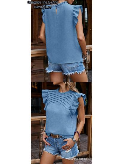 Women's Pure Color Ruffled Raglan Sleeve Top