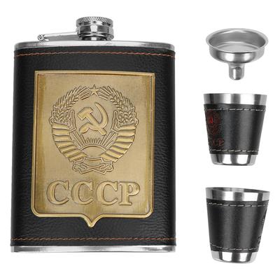 Bouteille portable en acier inoxydable de 8 oz avec gobelets, entonnoir, flacon de hanche, kit de bouteille de whisky, de vodka, d'alcool, de vin, motif CCCP