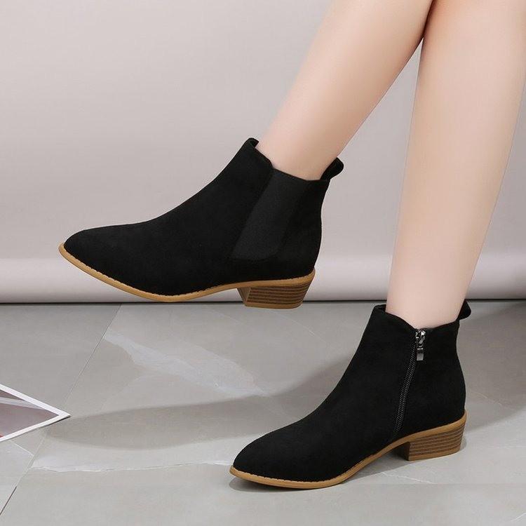 New Large Size Pointed Short Boots Suede British Simple Women's Boots Autumn and Winter Flat Bottom Side Zipper Bare Boots