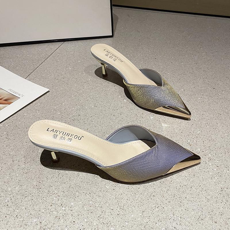 Fashion Leisure Pumps Sandals Female Office Career Thin High Heels Pointed Toe Shoes for Women Leather Slip On Summer Sandals