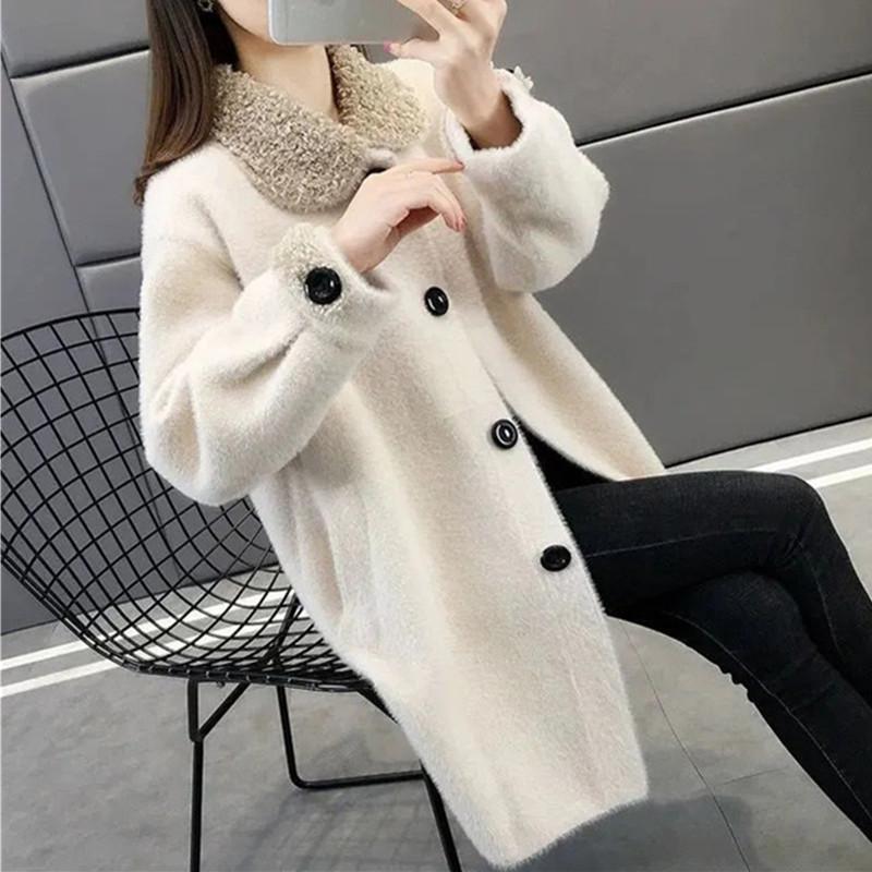 Imitação de vison veludo sólido gola virada casacos femininos coreano malha cardigan elegante manga longa topos outono outerwear solto feminino
