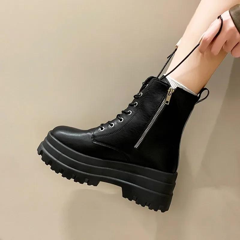 Women's Fashion Boots Thick Sole High Heels Trifle Base Side Zip Black Boots Outdoor Women's Shoes Commuting Spring and Autumn