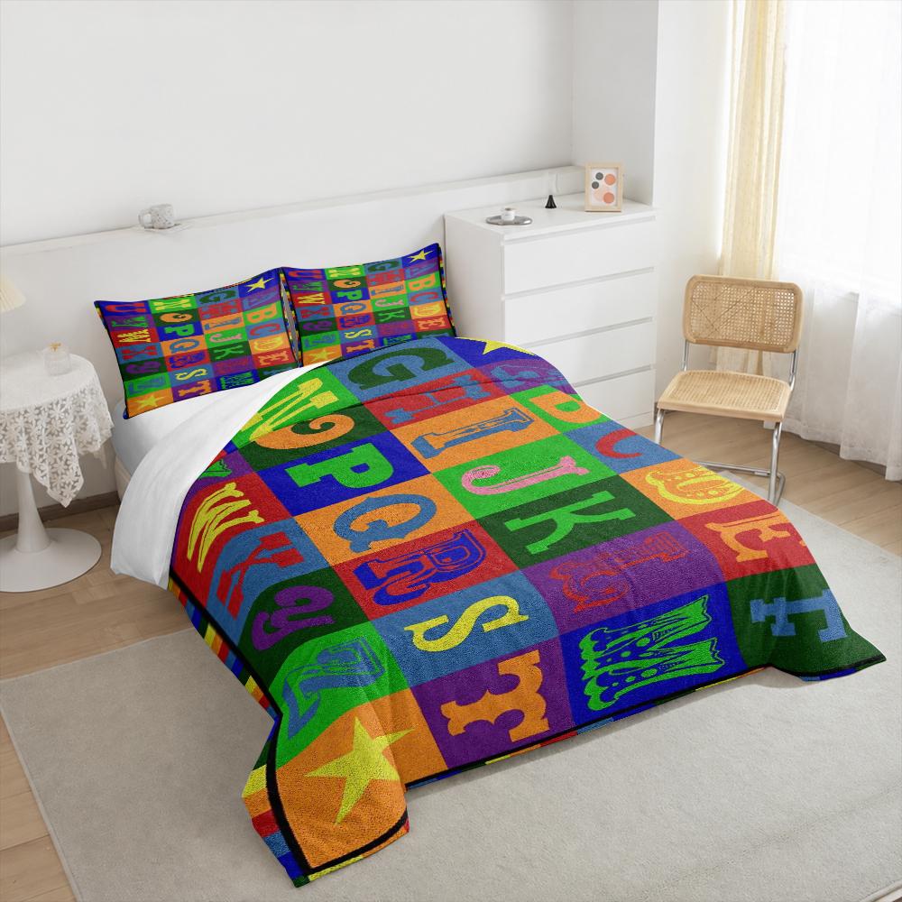 Vintage Decorative Alphabet Block Bedding set (1 duvet cover, 2 pillowcases, duvet not included), Colorful A-Z Letter Chart Art Print
