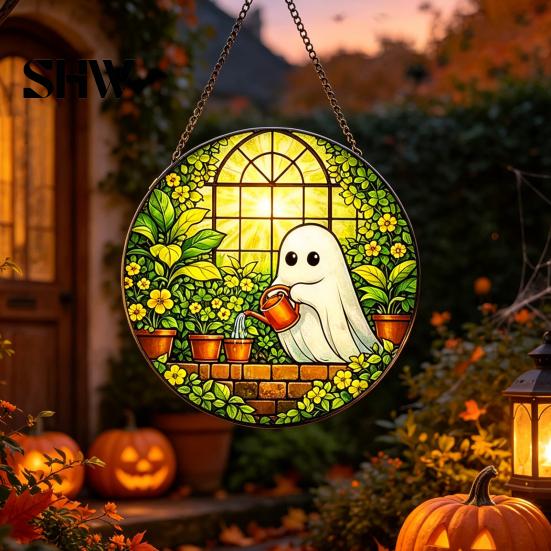 Unique Wall Hanging Art Retro Halloween Pendant, Ghost/Bat/Spider Web/Pumpkin Head Print, Old School Horror Room Decor Vintage Acrylic Ornament