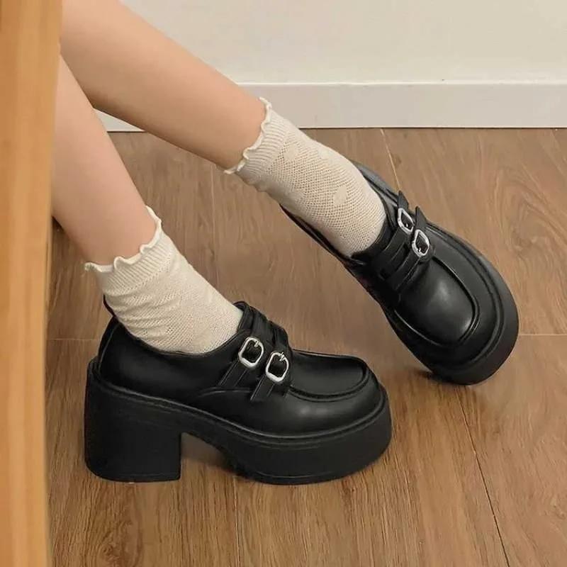 Fashion Women's Thick Heel Shoes Spring New Round Head Deep Mouth Metal Buckle Thick Sole Anti-slip Wear-resistant High Heels