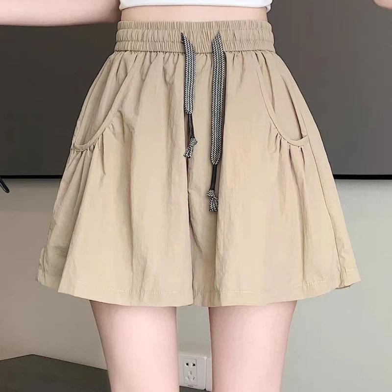 Women's Summer Thin Skirt Yoga Pants Ice Silk Wide Leg Shorts Solid Color Pocket Lace Up Short Pants