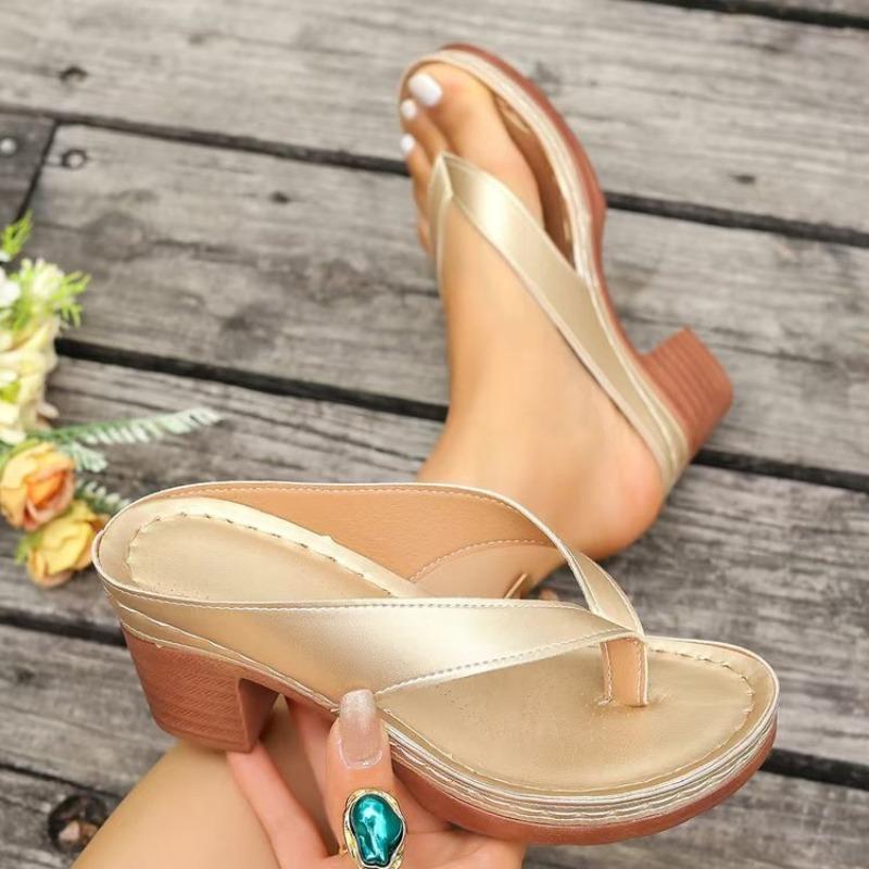 Fashion Women Sandals High Quality Summer Sandals Woman Solid Color Mid Heel High Heels Shoes Women Open Toe Flip Flops Sandals Female
