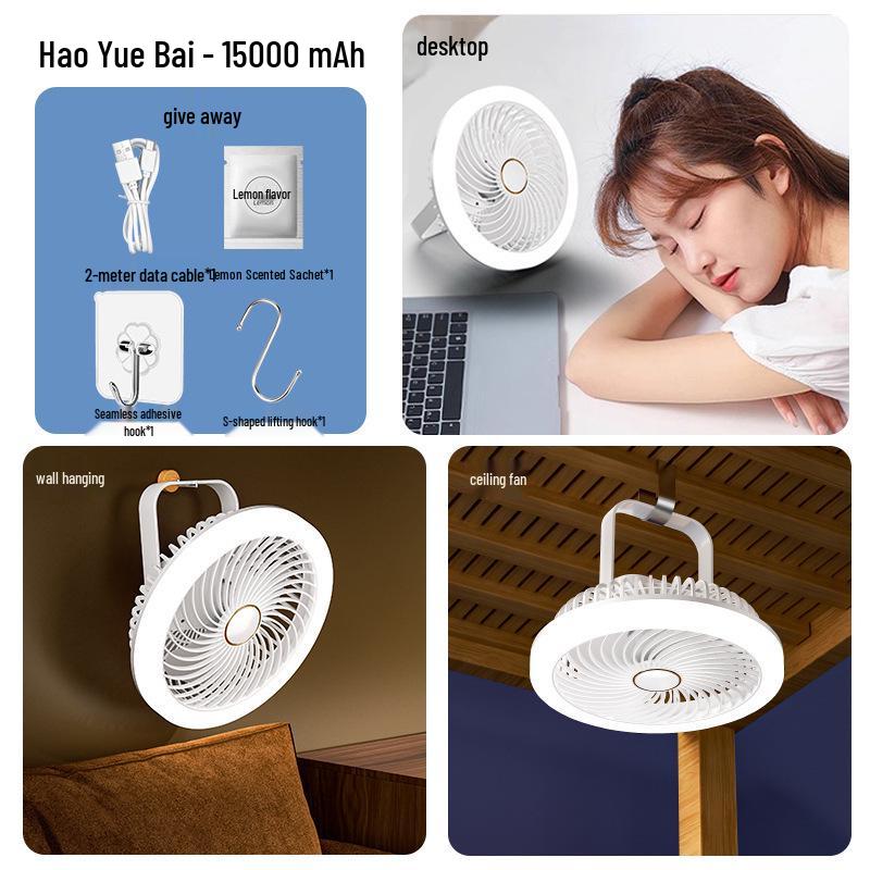 Compact USB Rechargeable Ultra-Quiet Ceiling Fan for Dorms and Camping 25000mAh