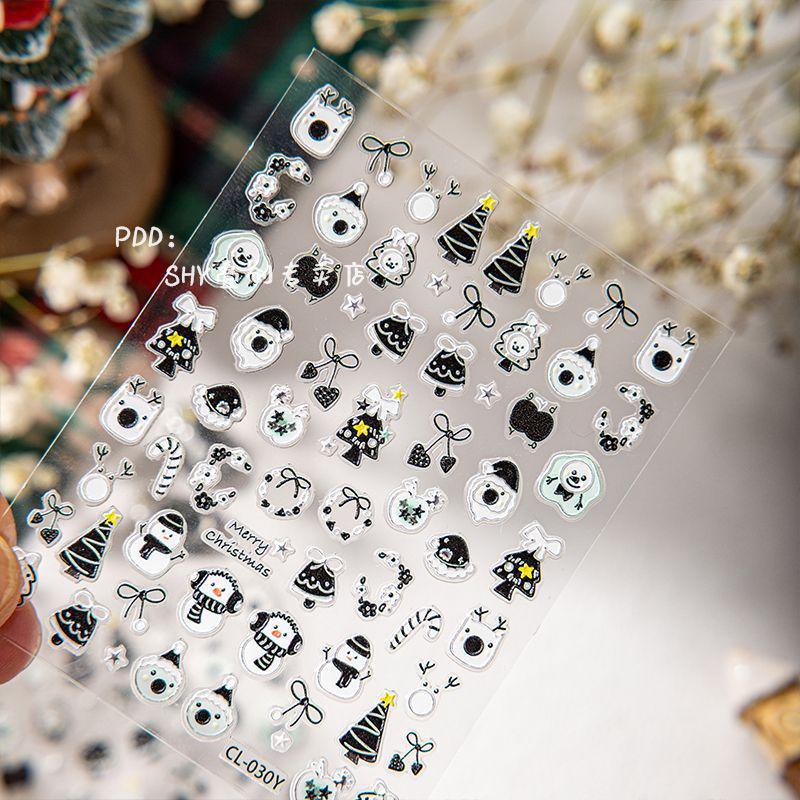 Christmas Snowman & Puppy Nail Art Stickers - Cute Bow & Cartoon Design for DIY Decorations Winter - Snowy Night Starry Scene [1 sheet]