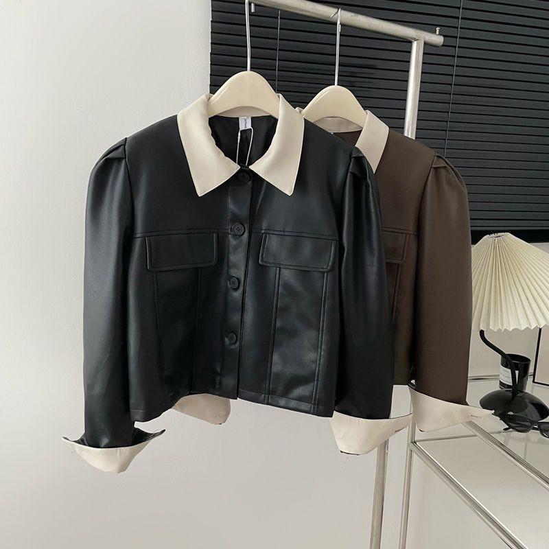 Chic Polo Short Faux Leather Jacket Color Block Vintage Hong Kong Style Fall Outerwear Women