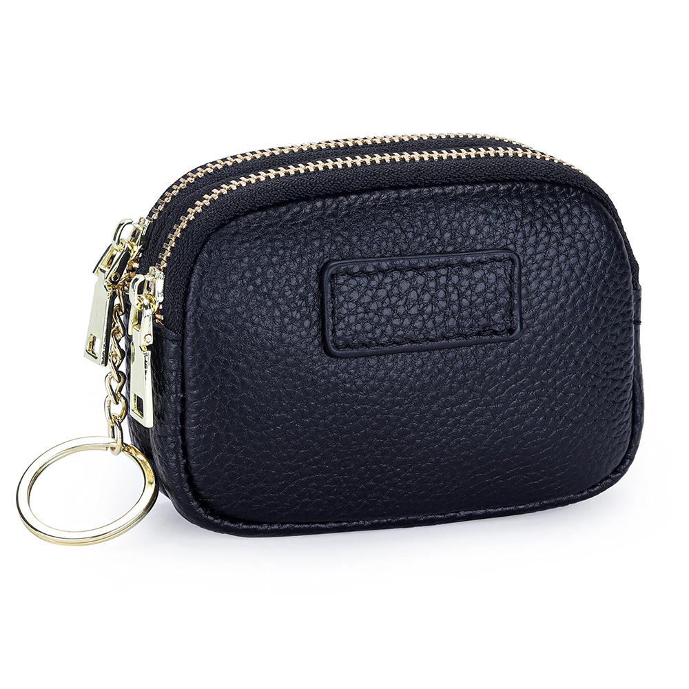 Portofel din Piele Naturală cu Fermoar Dublu pentru Monede și Breloc