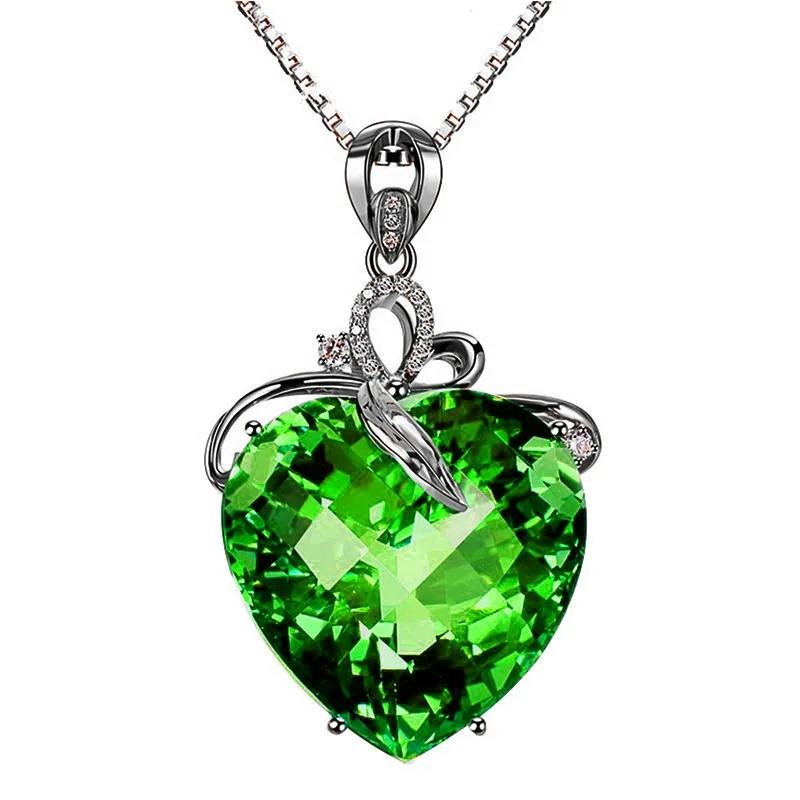 HuiSept 925 Silver Jewelry Necklace Heart Shape Emerald Zircon Gemstone Pendant for Women Wedding Engagement Party Accessories