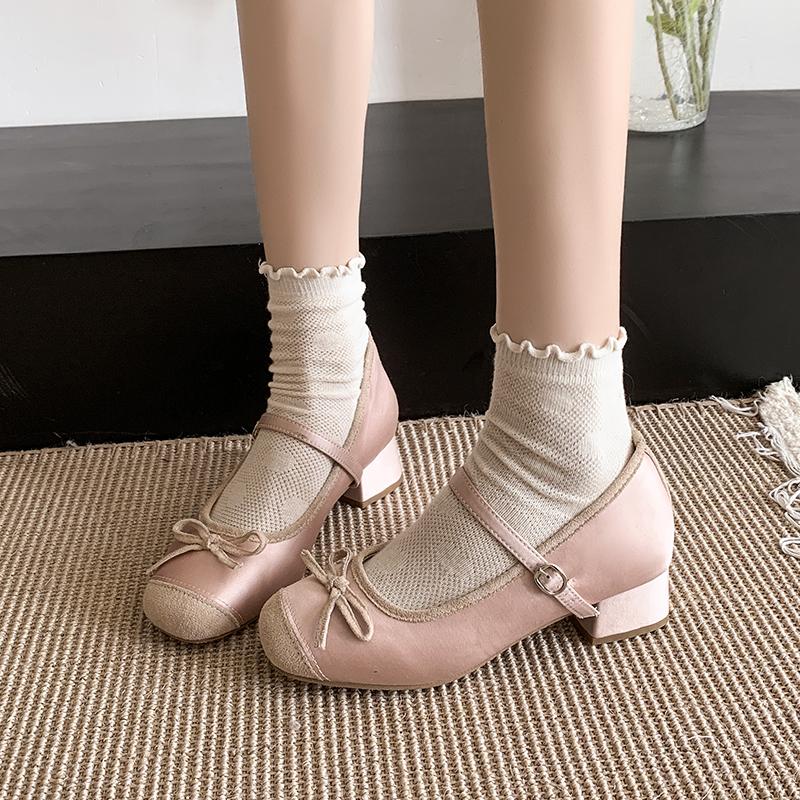 

2025 Весна Осень Туфли Мэри Джейн Модные Неглубокие С Круглым Носком На Среднем Каблуке Женские Элегантные Уличные Одинарные Туфли 34 розовый