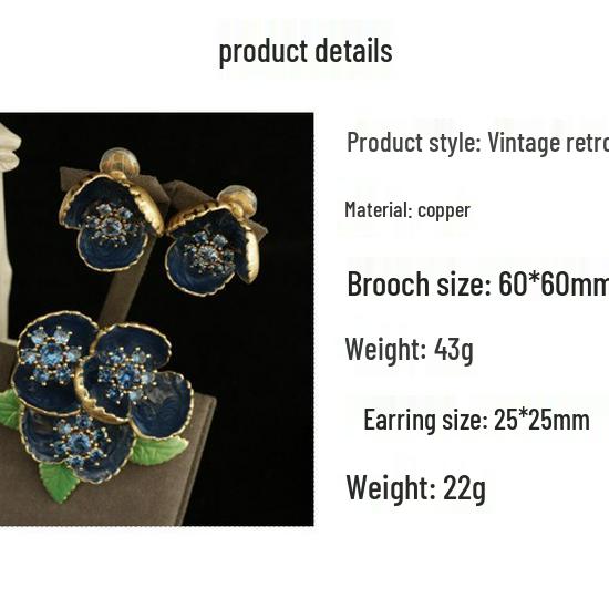 Blue Drip Enamel Cloisonné Flower Brooch and Ear Clip Set