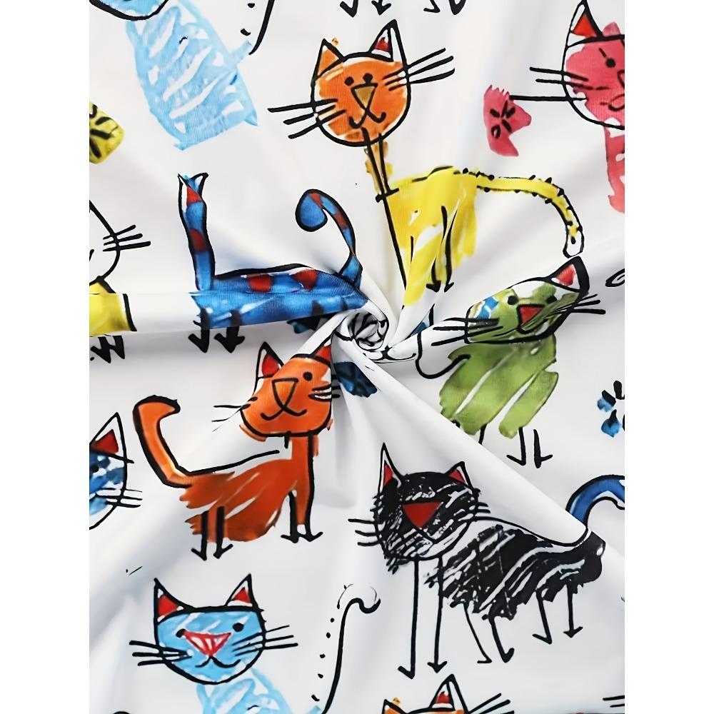 White Colorful Cats Women's Tee - Playful Cat Doodle Graphic, Cute Cartoon Print Design for Casual Daily Wear
