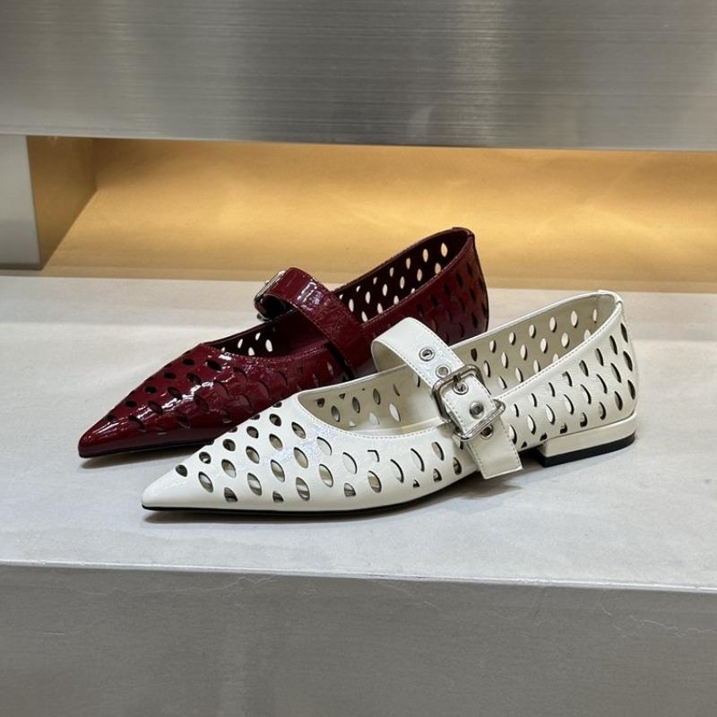 Móda 2025 Léto Nové Lakovaná Kůže Nízké Podpatky Ploché Sandály pro Ženy Módní Špičaté Mělké Ústa Dutý Pásek Knoflík Boty Mary Jane