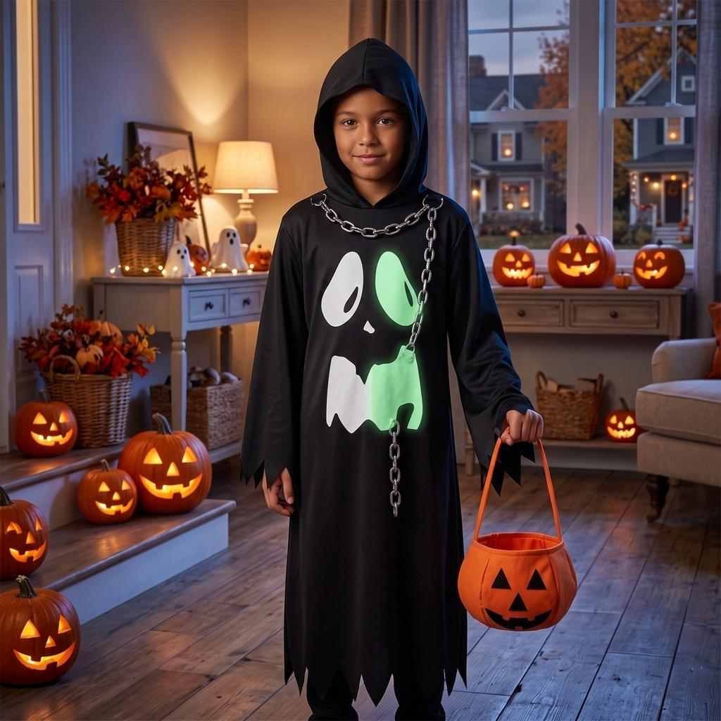 Children's Halloween Costume Set - in the Dark Cloak with Pumpkin Bag