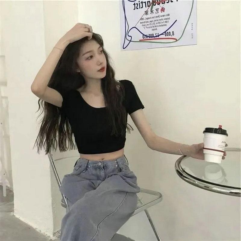 2026 summer new Korean version slim and thin machine cross beautiful back short bottom short sleeve T-shirt top women