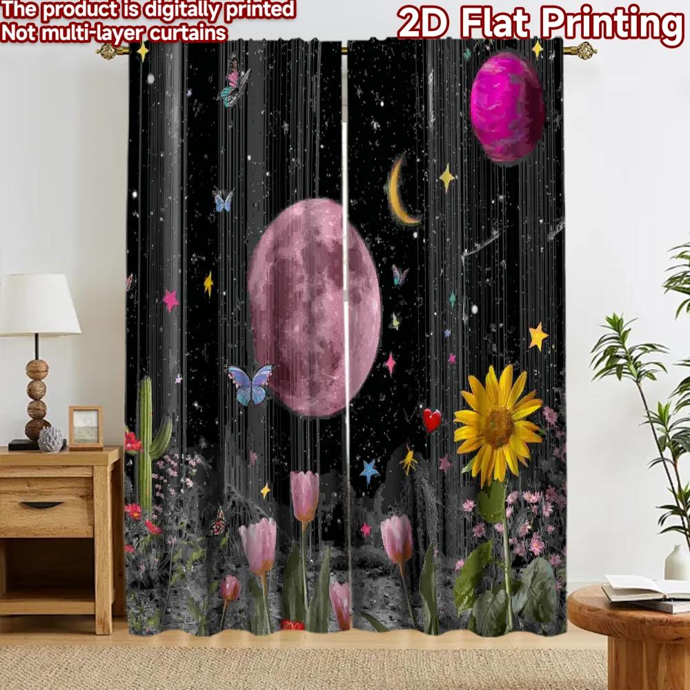 2D flat printing 2pcs Curtain Party Curtain Cosmic Moon and Butterflies Digital Printed Polyester Drapes Family Party Decoration