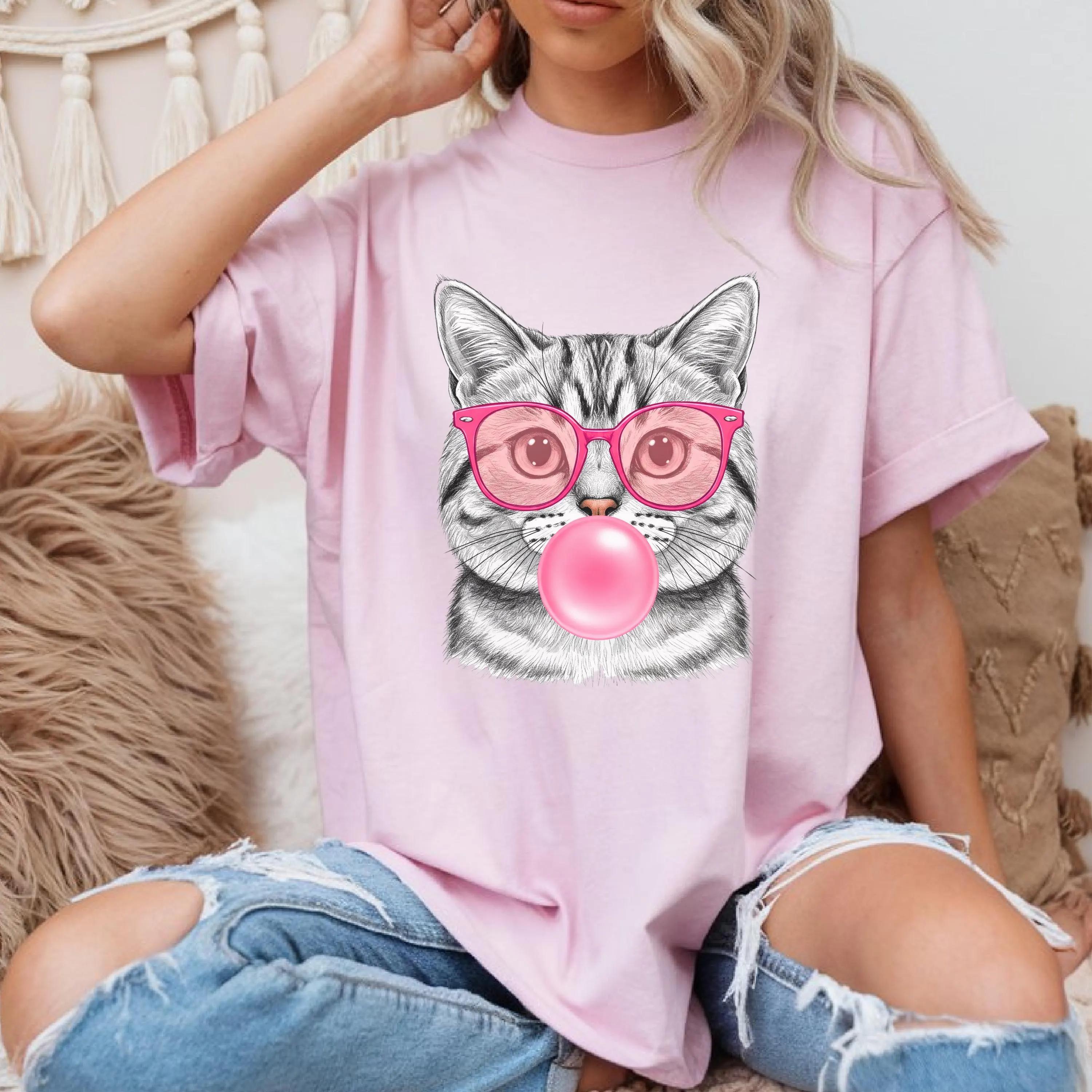 Women s Plus Size Funny Cat Print T-shirt Cotton Breathable Fashionable and Versatile Unisex Streetwear Oversized XL