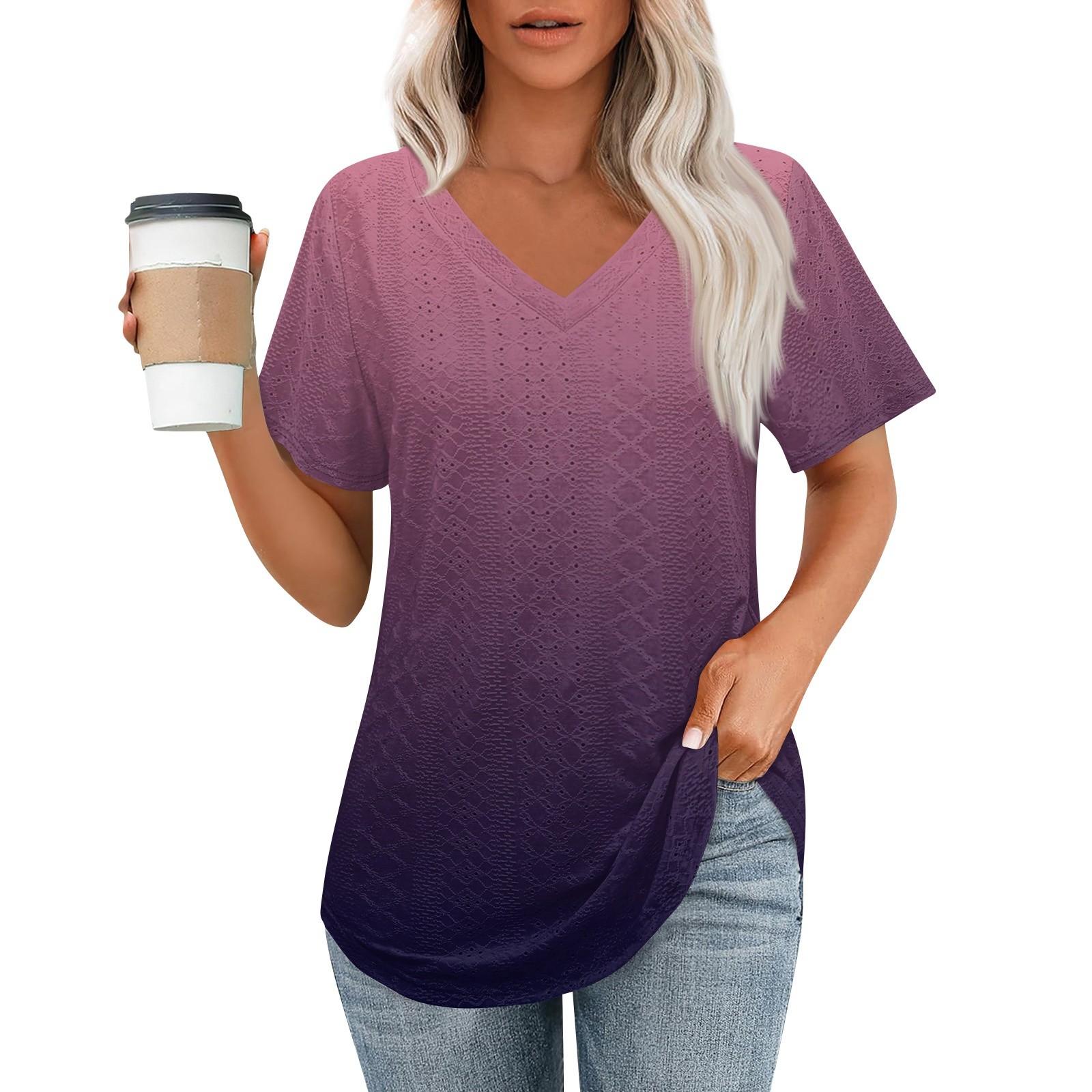 

Женские футболки с V-образным вырезом и коротким рукавом, повседневные топы свободного кроя, базовые футболки с закругленным подолом M фиолетовый