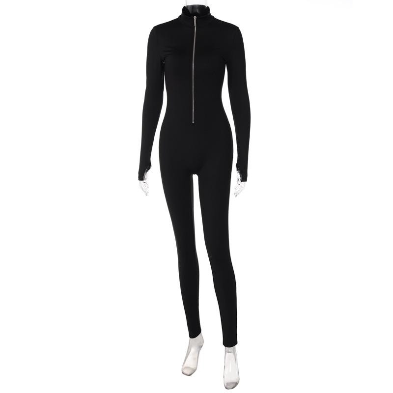 European Women's Autumn Solid Color Long Sleeve Zipper Waist-Cinching Slimming Sports Yoga Jumpsuit