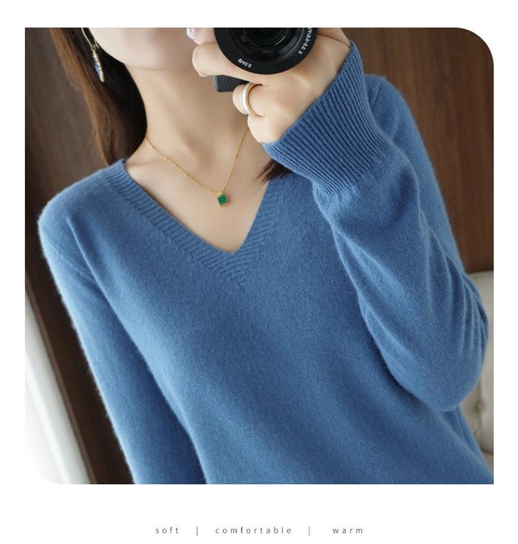 Women's V-Neck Cashmere Sweater - Slim Fit Long Sleeve Knitwear, Korean Style for Spring & Autumn