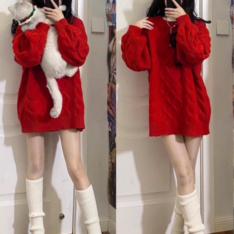 Women's Red Cable Knit Sweater, Mid-Length, Thick Autumn/Winter 2023 Style
