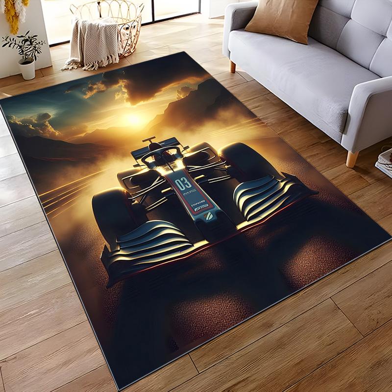 Flannel Rug, Formula 1 Race Car Number 03 on Winding Mountain Road Golden Sunrise, Soft Carpet for Adult Man Cave Game Room, Racing Fan Gift