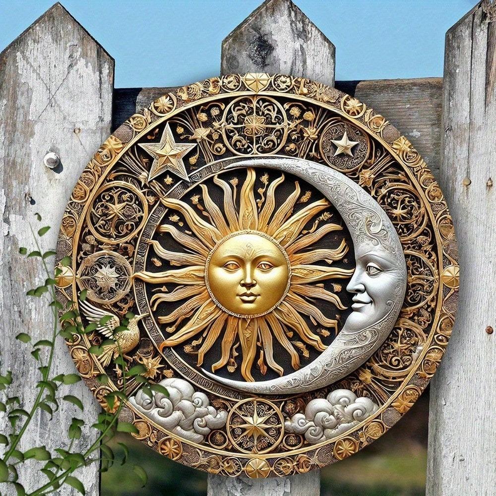 1pc Sun Moon Round Iron Sign Wall Art Home Bar Garden Decor Gift 20cm