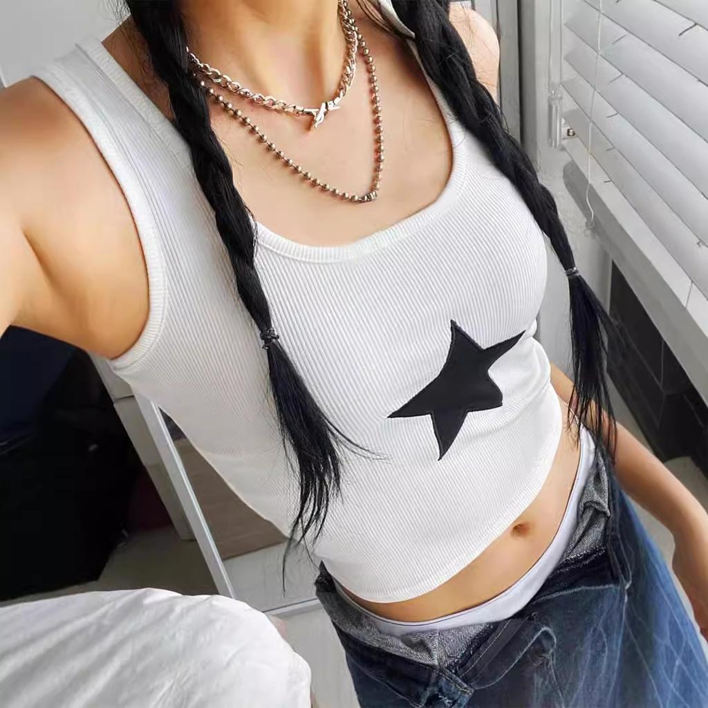 Summer new embroidered star printing round neck sleeveless backless European and American women's I-shaped top vest