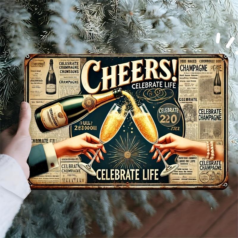 Cheers Vintage Metal Wall Sign Iron Poster with Champagne BottlesFestive Design for Kitchen Bar Office Garden and Home