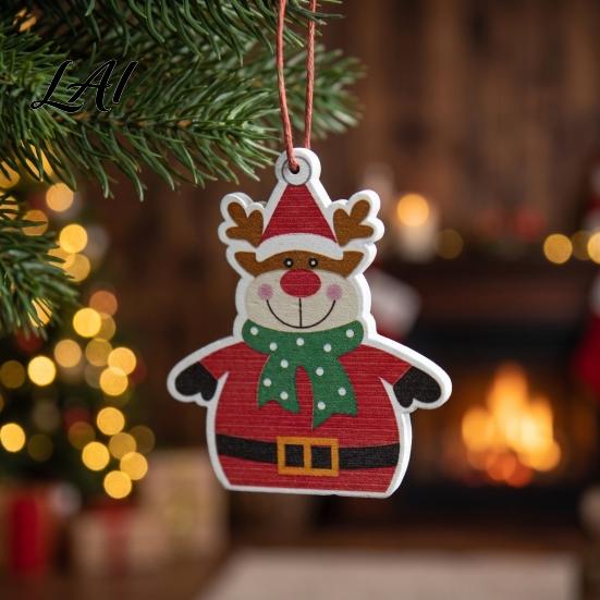 Classic Red White Decorations Christmas Tree Wooden Pendant Vintage Cartoon Ornament with Lanyards Heart Star Shaped Pendants Lightweight