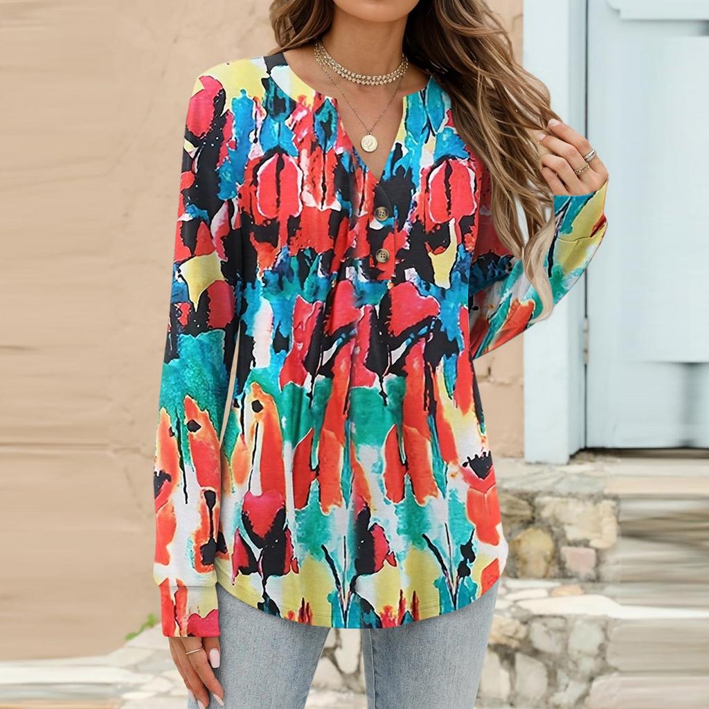 Women's Fashion Casual Floral Print Long Sleeve T-Shirt Pullover Top