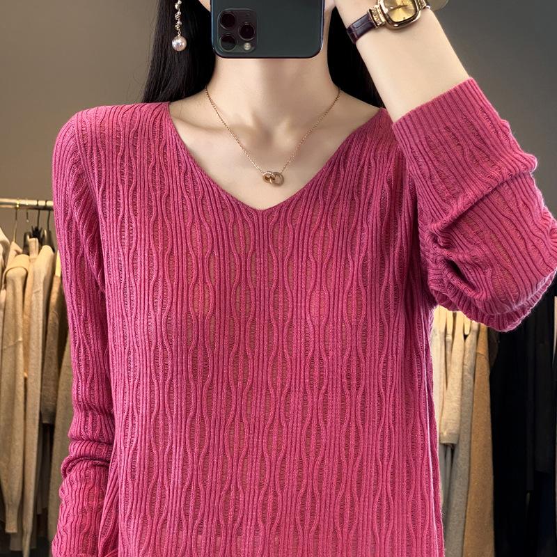 Neues V-Ausschnitt Hollow Bottoming Shirt Damen Pullover Kammgarnwolle leicht transparent lässig locker Pullover Top