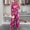 Women's Fashion Set Round Neck Sleeveless Top Wide Leg Pants Two Piece Casual Outfit