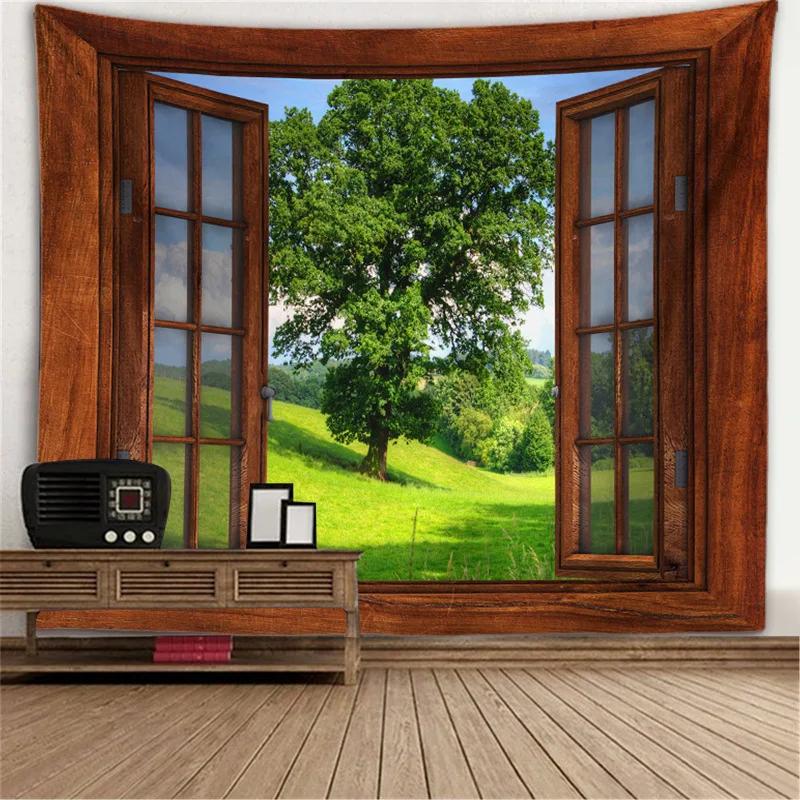 Window View Tapestry Wall Hanging Bedroom & Living Room Wall Decor Backdrop Tree Hollow Stove Hanging Large Tapestry