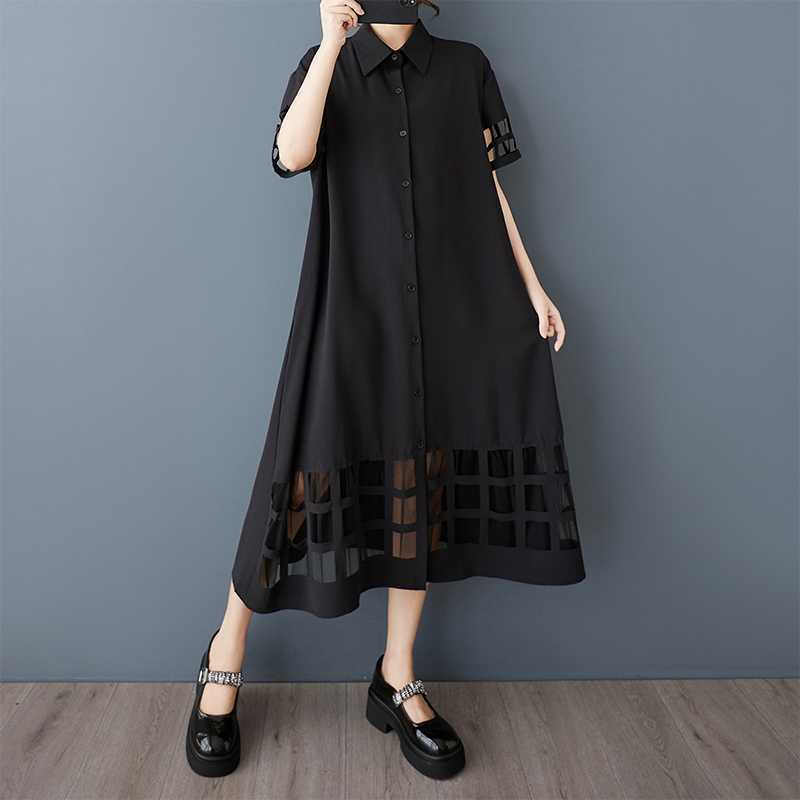 Spring and Summer New Loose Large Size Mesh Splicing Casual Simple Sweet Short-sleeved Shirt Dress