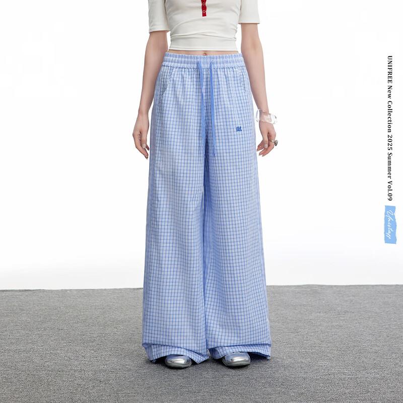 UNIFREE Blue Plaid Casual Wide-Leg Pants L