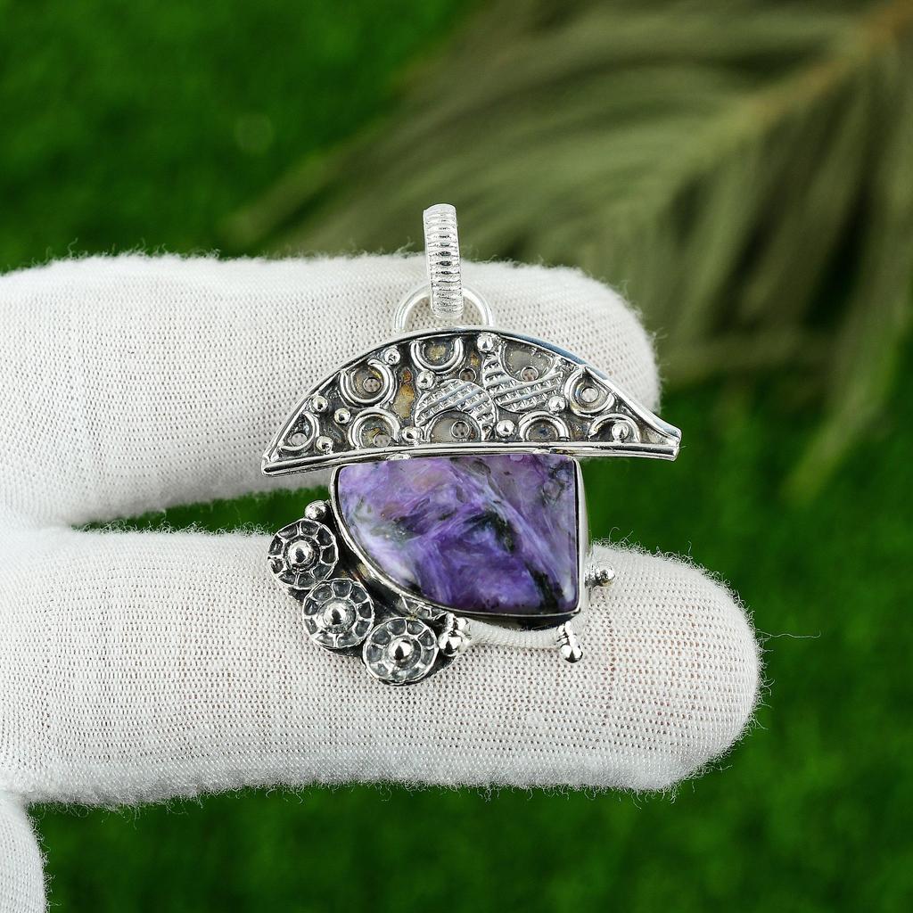 925 Silver Trillion Russian Charoite Stone Bezel Sister Elegant Art Deco Pendant