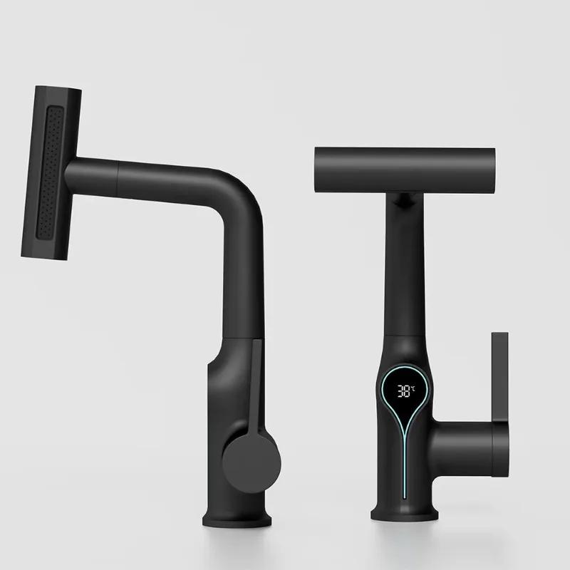 A25F-For Bathroom Waterfall Faucet Basin Digital Temperature Display Lift Up Down Stream Hot Cold Water Sink Mixer Tap