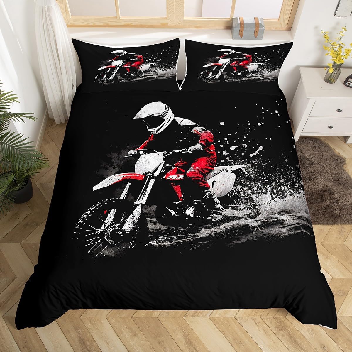 Motocross Down Duvet Cover Queen King Size Racing Bedding Set Motocross Rider Quilt Cover for Boys Teens Motorcycle Set 3 Pcs EU Single(135x200cm)
