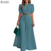 ZANZEA Women Short Sleeve Cropped Tops and Wide Leg Pants Casual Two Piece Suit Sets