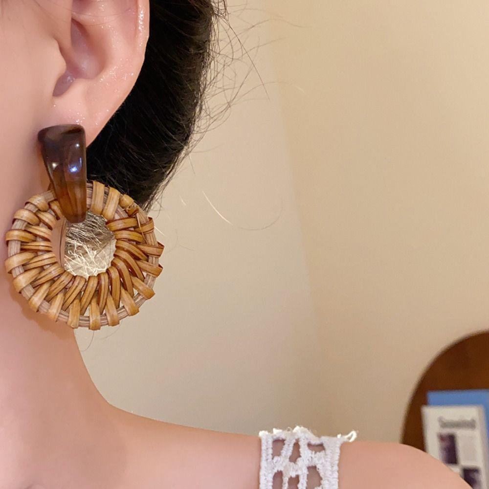 Round Bohemian Drop Earrings Beach Jewelry Geometric Earrings Sweet Rattan Weave Earrings  Wedding