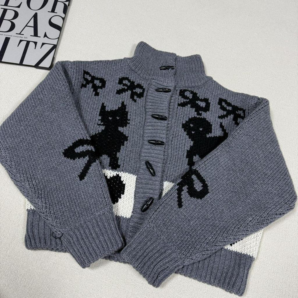 In-Stock Korean Retro Bow Jacquard Cardigan Sweater for Women